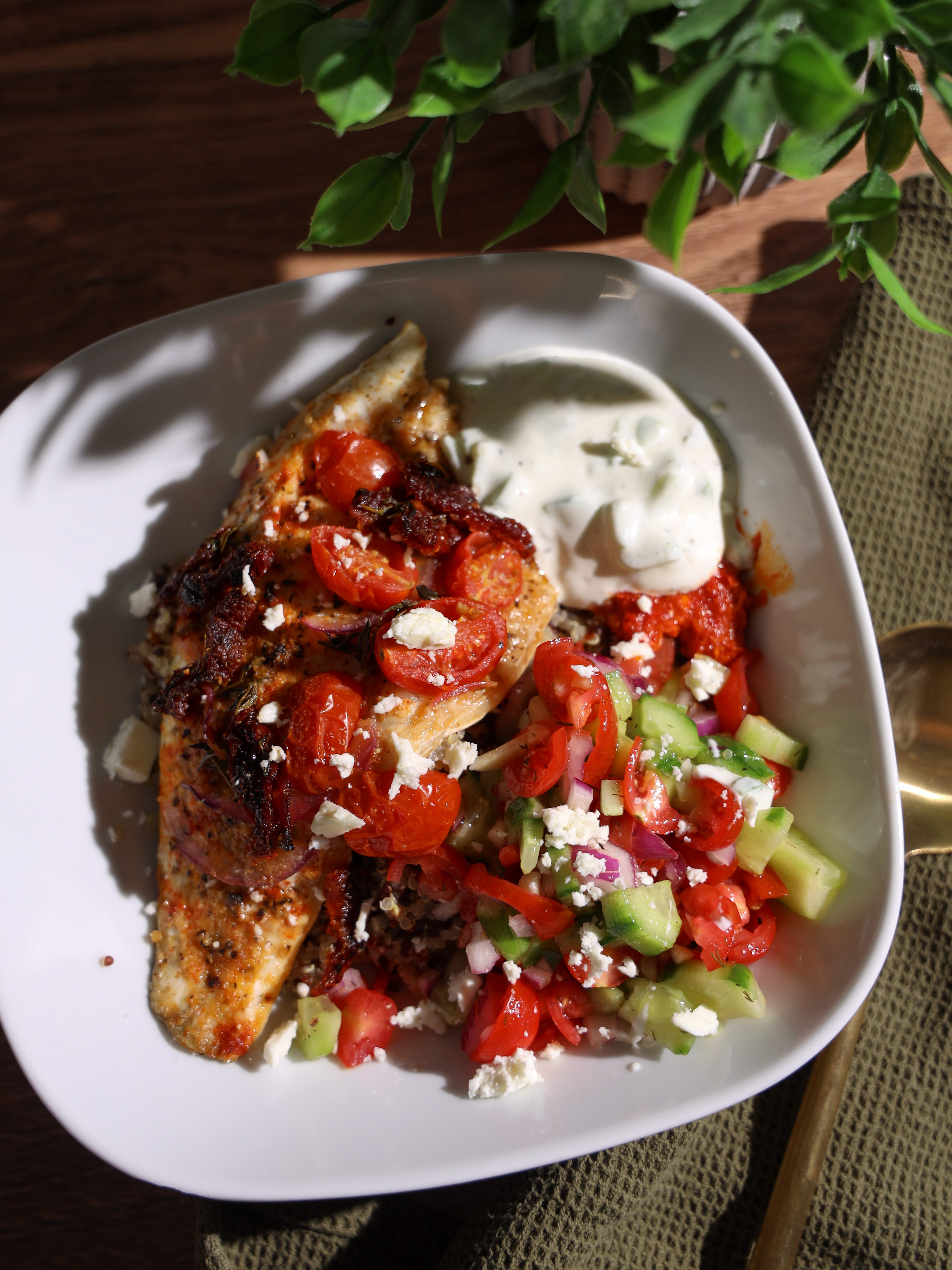 Mediterranean Quinoa Bowl With Baked Branzino