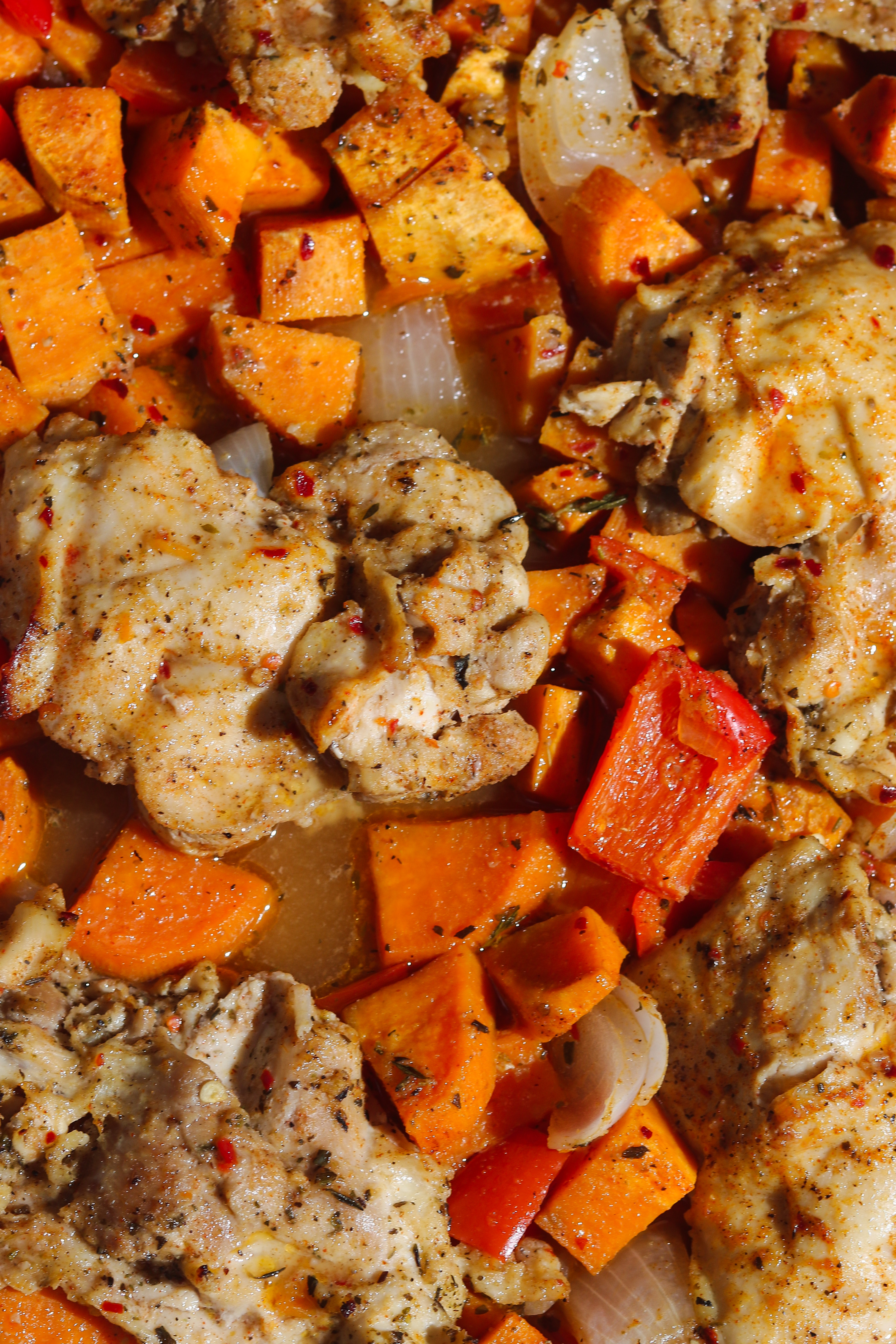 One Pan Herb Roasted Chicken and Sweet Potatoes